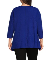 Calessa Plus Size Textured Puckered Knit Crew Neck 3/4 Sleeve Asymmetrical Tunic