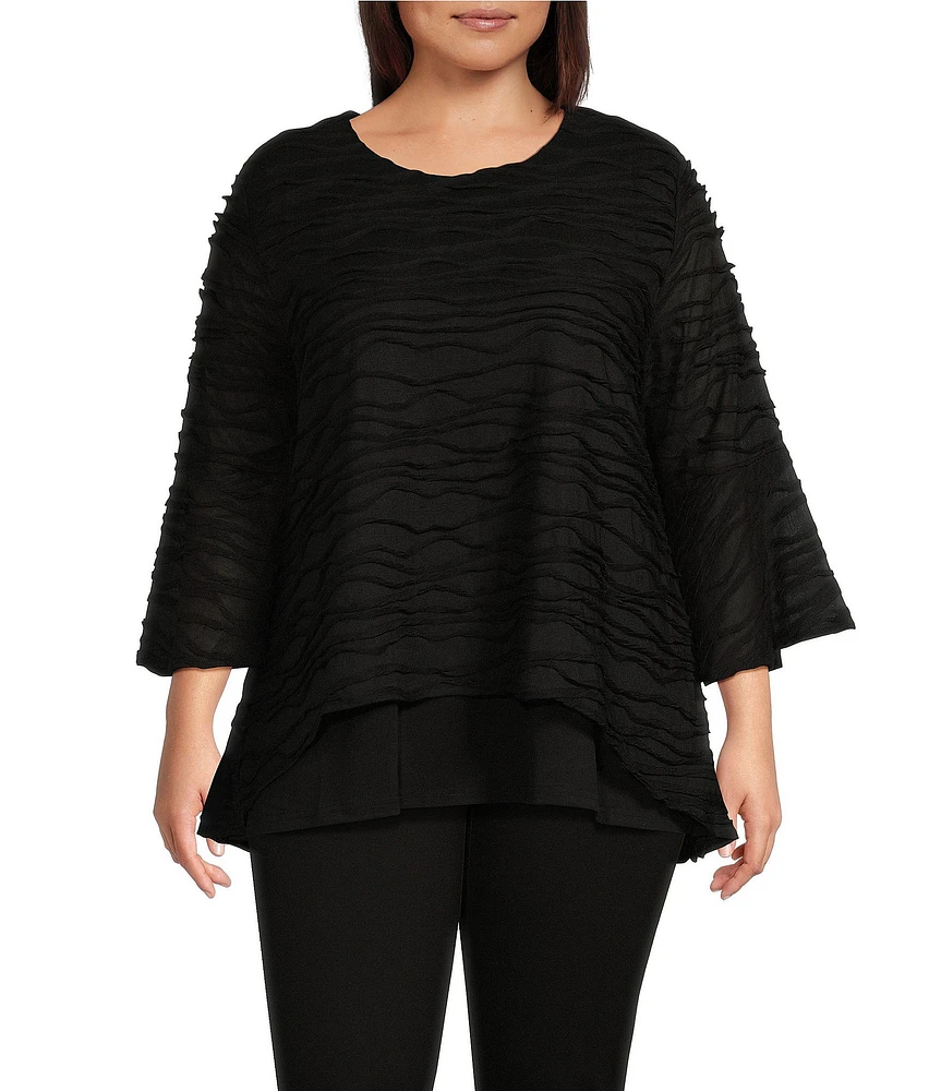 Calessa Plus Size Textured Wave Hilo Knit Scoop Neck Bracelet Sleeve Double Layered Hem Tunic