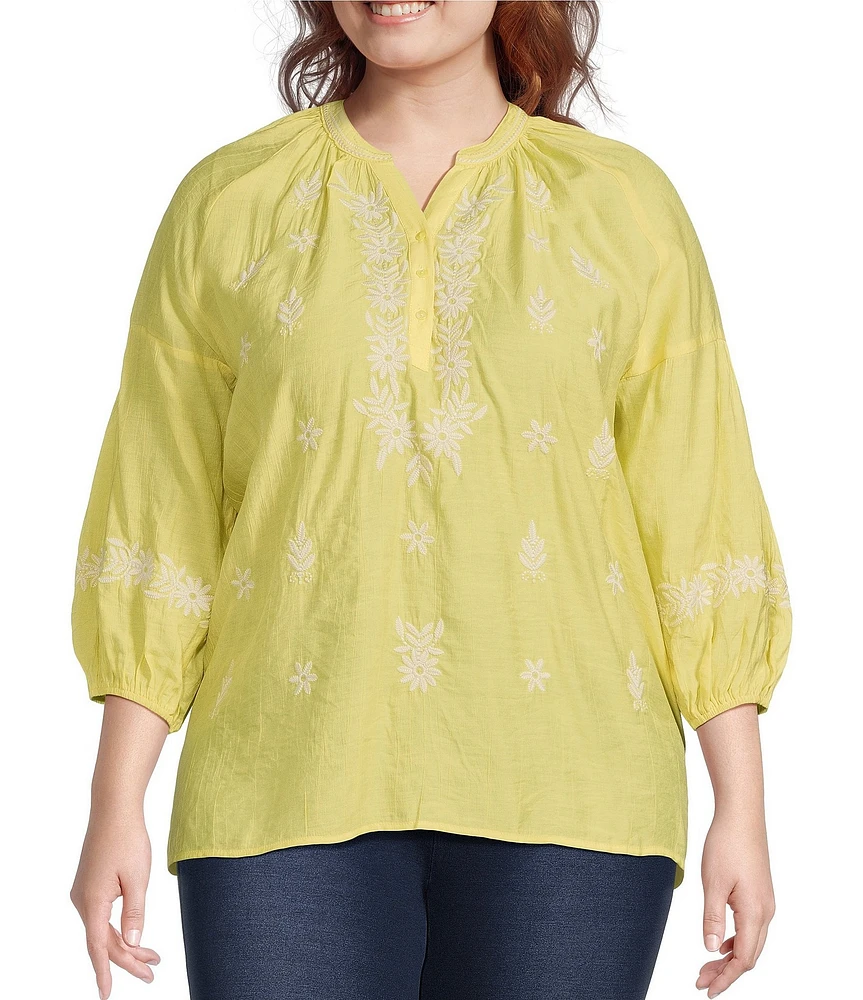 Calessa Plus Size Textured Woven Embroidered Split V-Neck 3/4 Sleeve Tunic