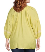 Calessa Plus Size Textured Woven Embroidered Split V-Neck 3/4 Sleeve Tunic