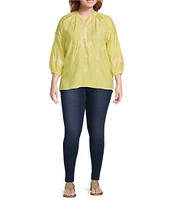 Calessa Plus Size Textured Woven Embroidered Split V-Neck 3/4 Sleeve Tunic