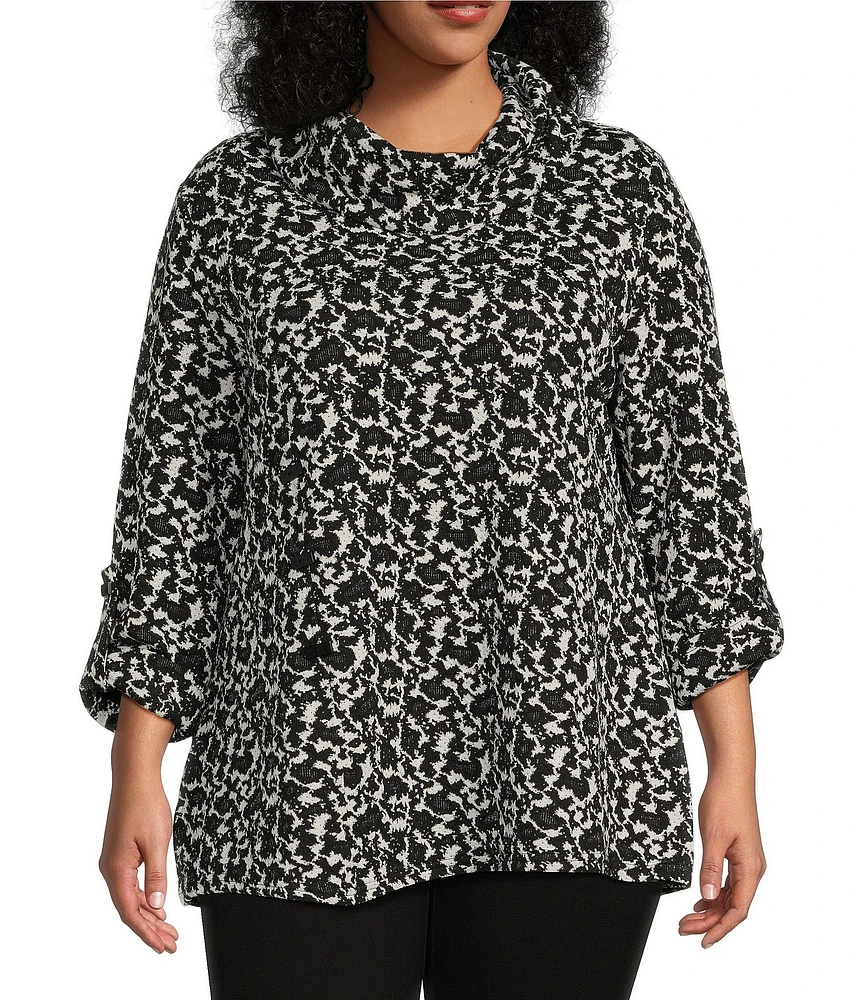 Calessa Plus Size Textured Yarn-Dye Knit Cowl Neck 3/4 Sleeve Tunic