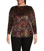 Calessa Plus Size Velvet Knit Abstract Animal Print Drape Neck Long Sleeve Tunic