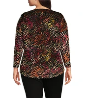 Calessa Plus Size Velvet Knit Abstract Animal Print Drape Neck Long Sleeve Tunic