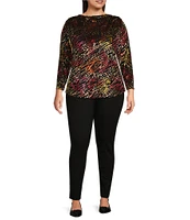 Calessa Plus Size Velvet Knit Abstract Animal Print Drape Neck Long Sleeve Tunic