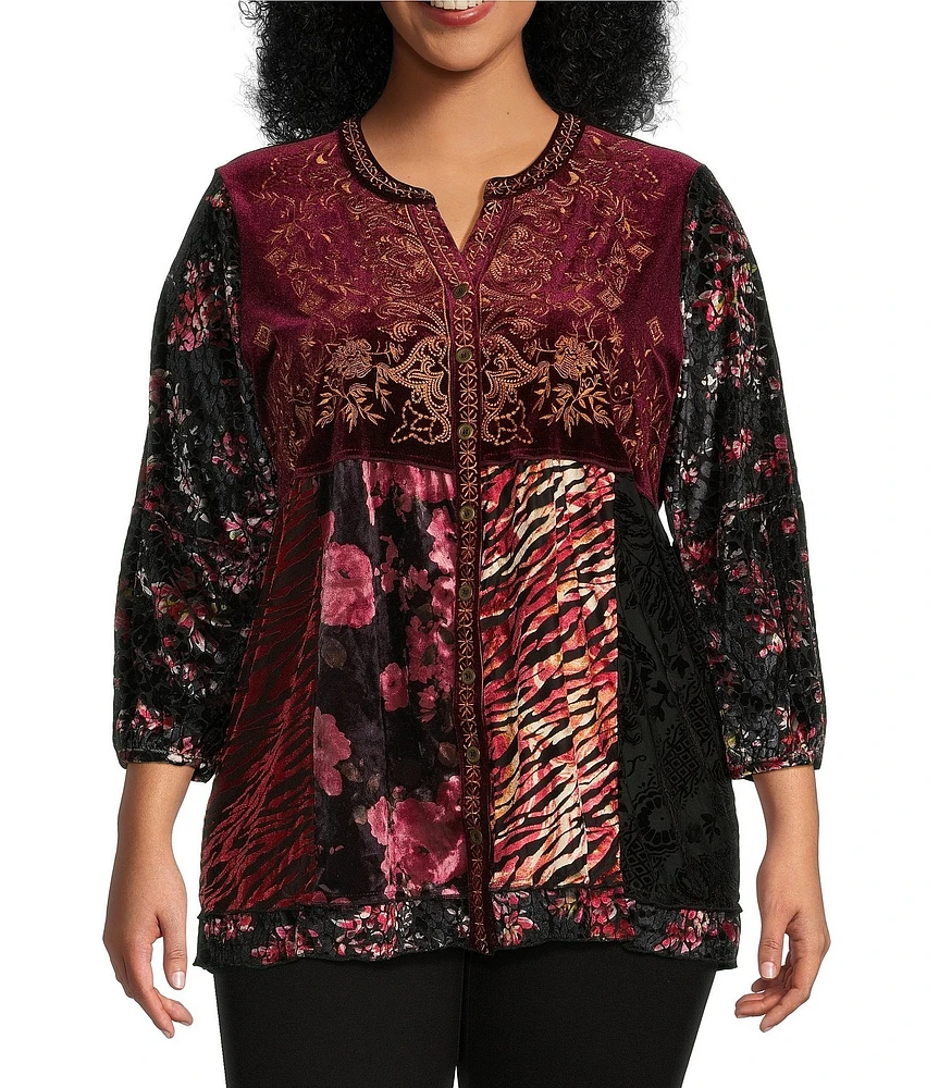 Calessa Plus Size Velvet Tiered Patchwork Split V-Neck 3/4 Sleeve Top