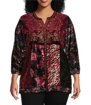 Calessa Plus Size Velvet Tiered Patchwork Split V-Neck 3/4 Sleeve Top