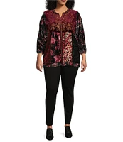 Calessa Plus Size Velvet Tiered Patchwork Split V-Neck 3/4 Sleeve Top