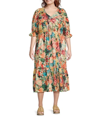 Calessa Plus Size Vintage Floral V-Neck Elbow Sleeve A-Line Maxi Dress