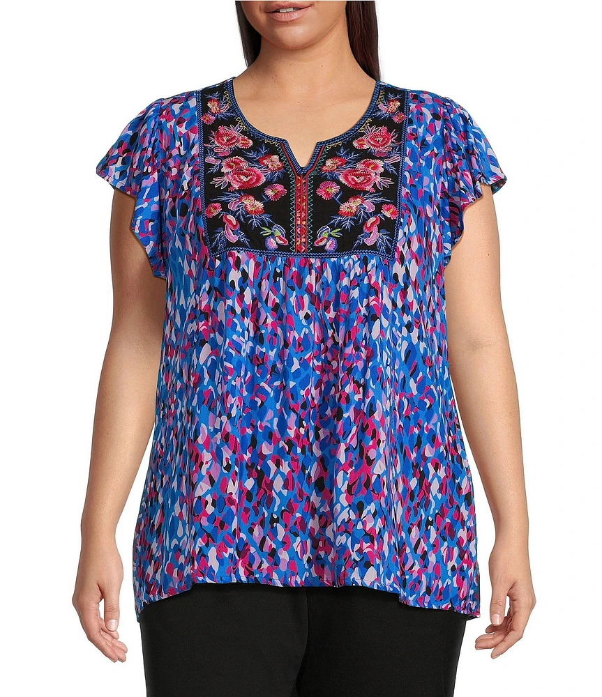 Calessa Plus Size Woven Embroidered Printed Split V Neck Cap Sleeve Ruffle Shirtttail Hem Pullover Top