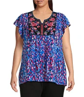 Calessa Plus Size Woven Embroidered Printed Split V Neck Cap Sleeve Ruffle Shirtttail Hem Pullover Top