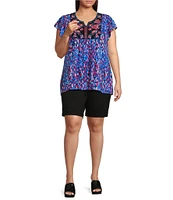 Calessa Plus Size Woven Embroidered Printed Split V Neck Cap Sleeve Ruffle Shirtttail Hem Pullover Top