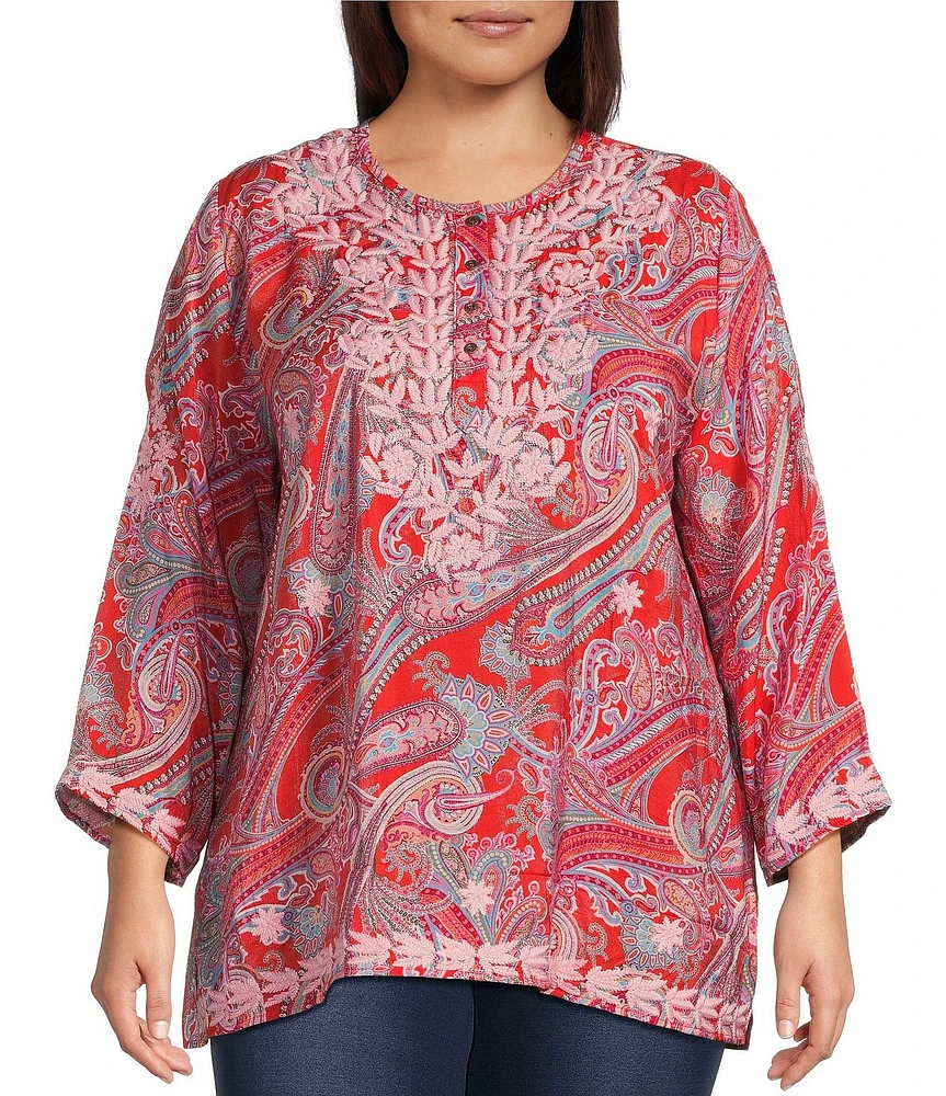 Calessa Plus Size Woven Embroidered Printed Split V-Neck Wrist Length Sleeve Tunic