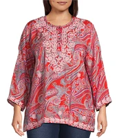 Calessa Plus Size Woven Embroidered Printed Split V-Neck Wrist Length Sleeve Tunic