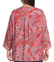Calessa Plus Size Woven Embroidered Printed Split V-Neck Wrist Length Sleeve Tunic