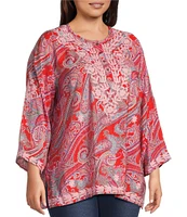 Calessa Plus Size Woven Embroidered Printed Split V-Neck Wrist Length Sleeve Tunic