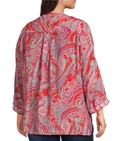 Calessa Plus Size Woven Embroidered Printed Split V-Neck Wrist Length Sleeve Tunic