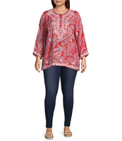 Calessa Plus Size Woven Embroidered Printed Split V-Neck Wrist Length Sleeve Tunic