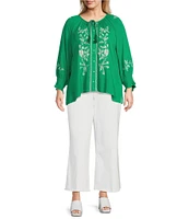 Calessa Plus Size Woven Embroidered Split Round Neck 3/4 Sleeve Straight Hem Button Front Blouse