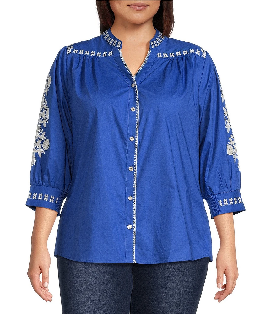 Calessa Plus Size Woven Embroidered Split V-Neck 3/4 Sleeve Button-Front Tunic