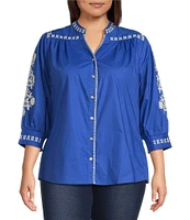 Calessa Plus Size Woven Embroidered Split V-Neck 3/4 Sleeve Button-Front Tunic