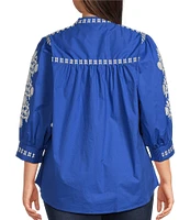 Calessa Plus Size Woven Embroidered Split V-Neck 3/4 Sleeve Button-Front Tunic