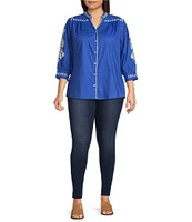 Calessa Plus Size Woven Embroidered Split V-Neck 3/4 Sleeve Button-Front Tunic