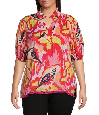 Calessa Plus Size Woven Modern Abstract Print Ruffled Split V-Neck Short Sleeve Tunic