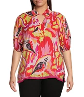 Calessa Plus Size Woven Modern Abstract Print Ruffled Split V-Neck Short Sleeve Tunic