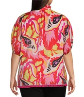 Calessa Plus Size Woven Modern Abstract Print Ruffled Split V-Neck Short Sleeve Tunic