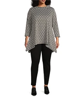 Calessa Plus Size Yarn-Dye Knit Herringbone Funnel Neck Bracelet Sleeve Tunic