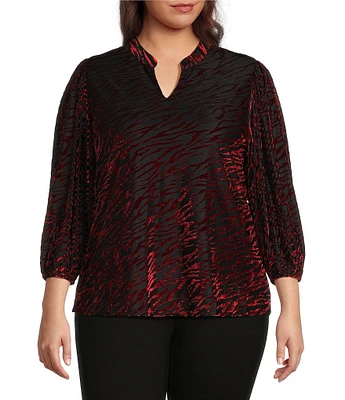 Calessa Plus Size Zebra Print Split V-Neck Long Balloon Sleeve Velvet Burnout Tunic