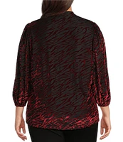 Calessa Plus Size Zebra Print Split V-Neck Long Balloon Sleeve Velvet Burnout Tunic