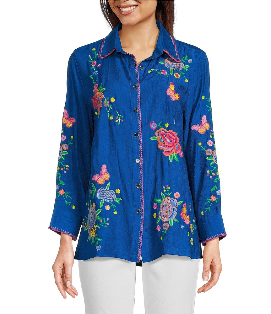 Calessa Point Crinkle Woven Embroidered Point Collar Long Sleeve Button Front Shirt
