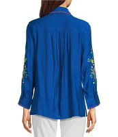 Calessa Point Crinkle Woven Embroidered Point Collar Long Sleeve Button Front Shirt