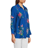 Calessa Point Crinkle Woven Embroidered Point Collar Long Sleeve Button Front Shirt