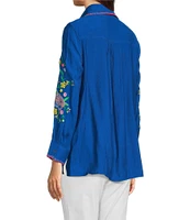 Calessa Point Crinkle Woven Embroidered Point Collar Long Sleeve Button Front Shirt