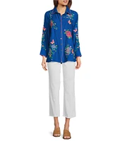 Calessa Point Crinkle Woven Embroidered Point Collar Long Sleeve Button Front Shirt