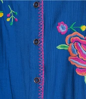 Calessa Point Crinkle Woven Embroidered Point Collar Long Sleeve Button Front Shirt