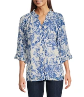 Calessa Porcelain Floral Mesh Ruffled Split V-Neck Long Sleeve Button Front Blouse