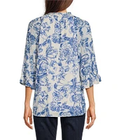 Calessa Porcelain Floral Mesh Ruffled Split V-Neck Long Sleeve Button Front Blouse