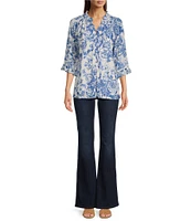 Calessa Porcelain Floral Mesh Ruffled Split V-Neck Long Sleeve Button Front Blouse