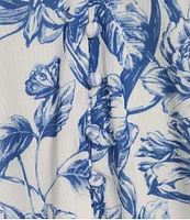 Calessa Porcelain Floral Mesh Ruffled Split V-Neck Long Sleeve Button Front Blouse