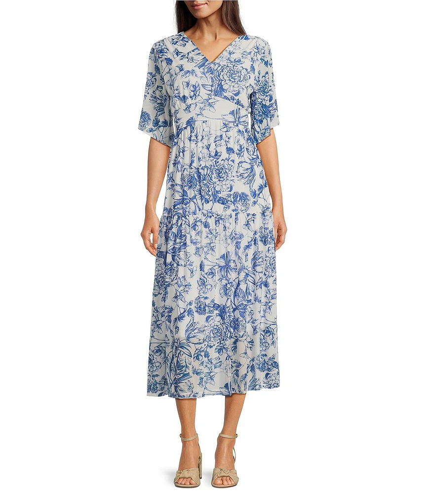 Calessa Porcelain Floral Print V-Neck Elbow Sleeve A-Line Midi Dress