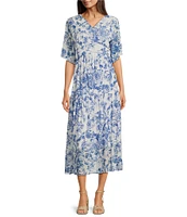 Calessa Porcelain Floral Print V-Neck Elbow Sleeve A-Line Midi Dress
