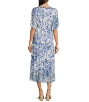 Calessa Porcelain Floral Print V-Neck Elbow Sleeve A-Line Midi Dress
