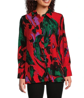 Calessa Printed Abstract Collared 3/4 Sleeve Button Down Top