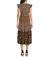 Calessa Printed Animal Patchwork V Neckline Flutter Cap Sleeve Midi Dress