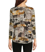 Calessa Printed Drape Neck Long Sleeve Mesh Knit Top