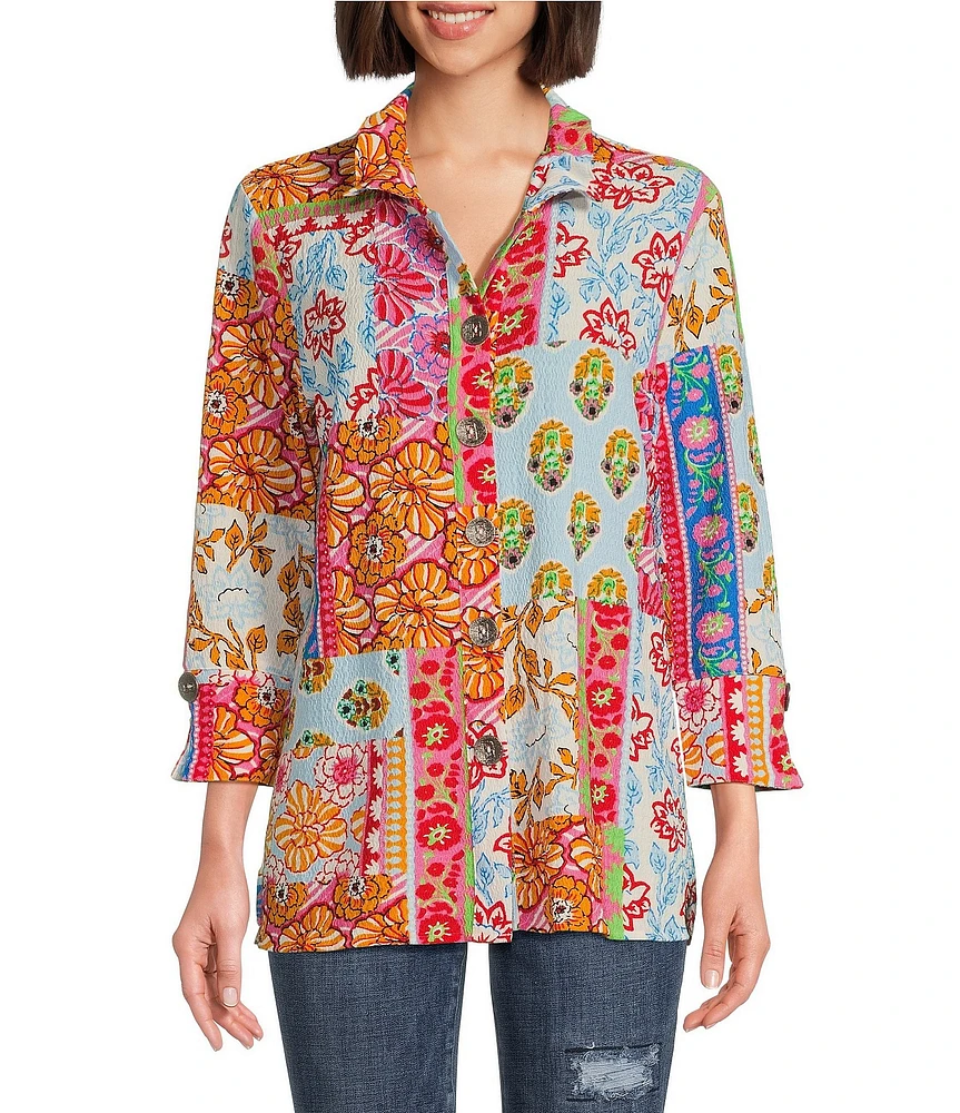 Calessa Printed Ruffled Stand Collar Long Sleeve Button Front Tunic